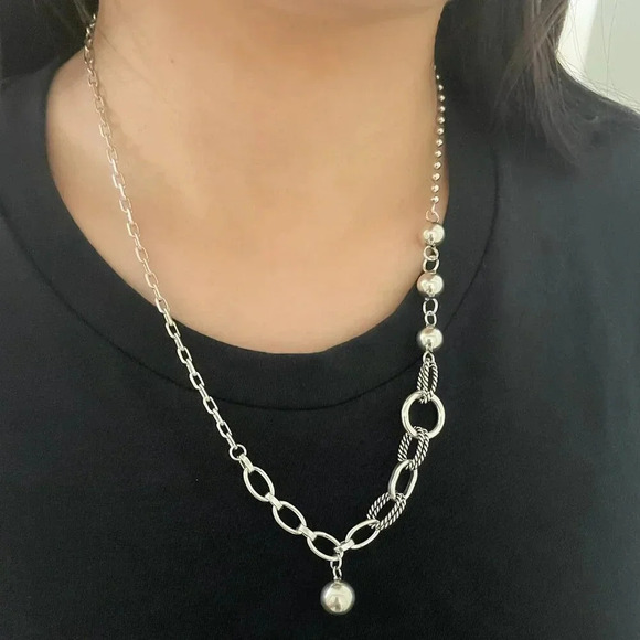925 Sterling Silver Chain Link Ball Necklace Modern Asymmetric Bead Necklace - Picture 2 of 7